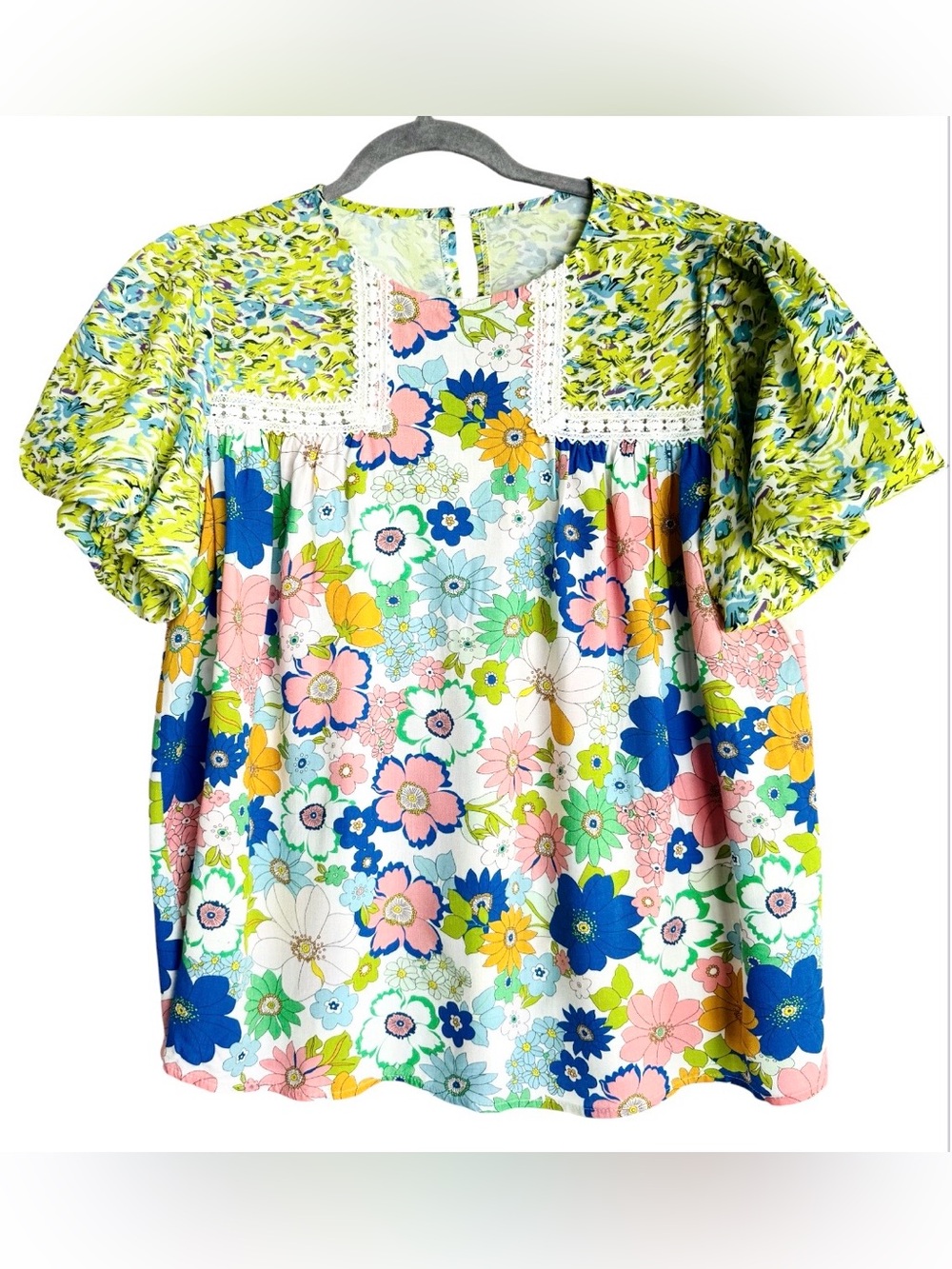 Women’s Floral Puff-Sleeve Top - Green Multi Large